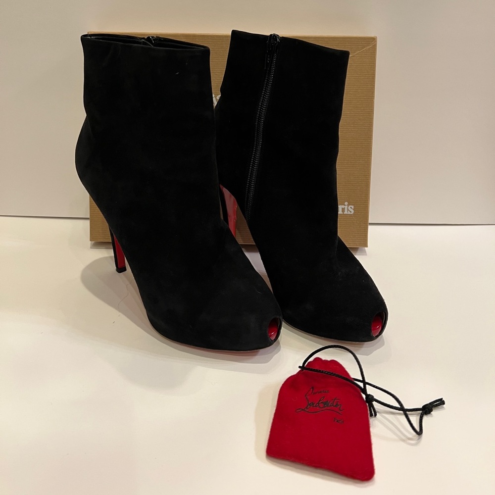 CHRISTIAN LOUBOUTIN 120 Booties With Micro Peep Toe Platform in Black Suede 37.5